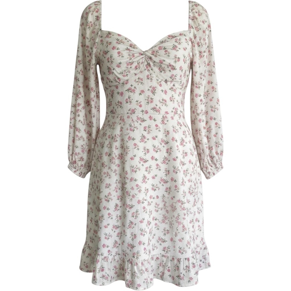 Hollister Smocked‎ Midi Dress L Cottagecore Milkmaid Long Sleeve White Floral